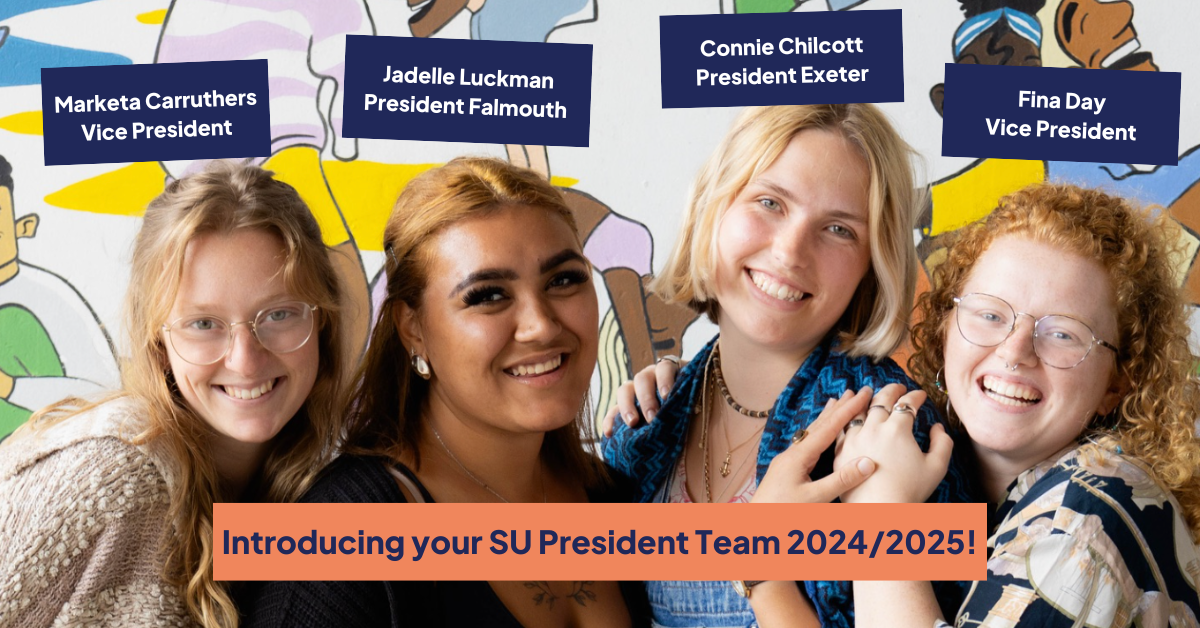Four people sit on a bench, smiling towards the camera. From left to right, Marketa (Vice President), Jadelle (President Falmouth), Connie (President Exeter) and Fina (Vice President) lean together with their arms around each other.